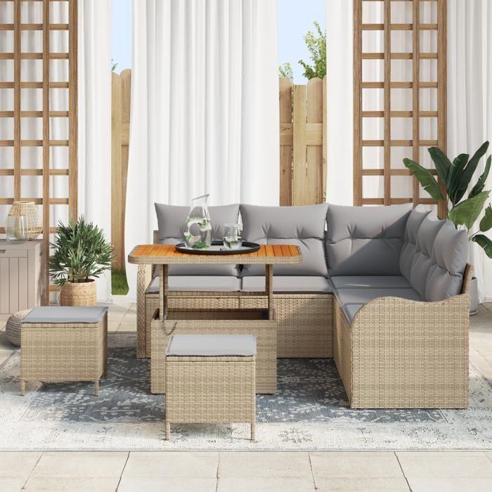 Canapé de Jardin 8 Pièces Beige Rattan Poly Acacia, Canapé de Jardin 2 Places Beige Rattan, Salle à Manger Extérieure 3 3362267