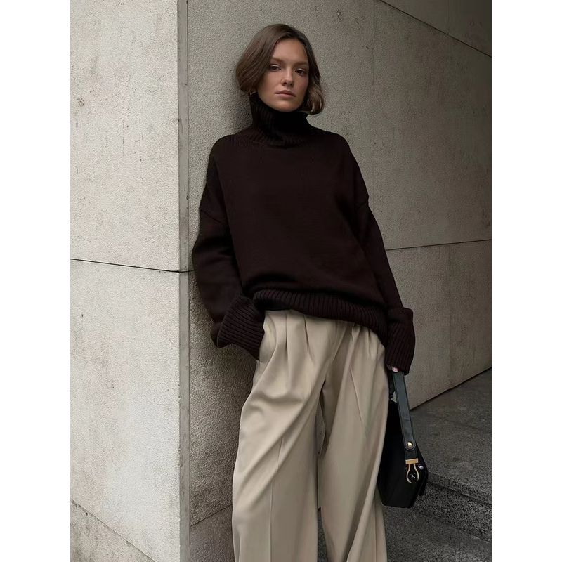 

Fashion Autumn and Winter Solid Color Turtleneck Sweater Loose Knitting Sweater High Neck Knitted Sweater Coffee L