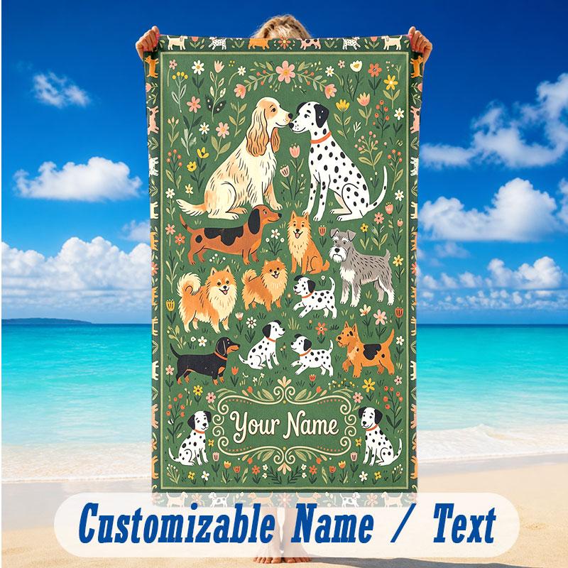 Dog Theme Beach Towel Personalized Custom Name & Text Soft Quick Dry Beach Towel for Swimming Travel