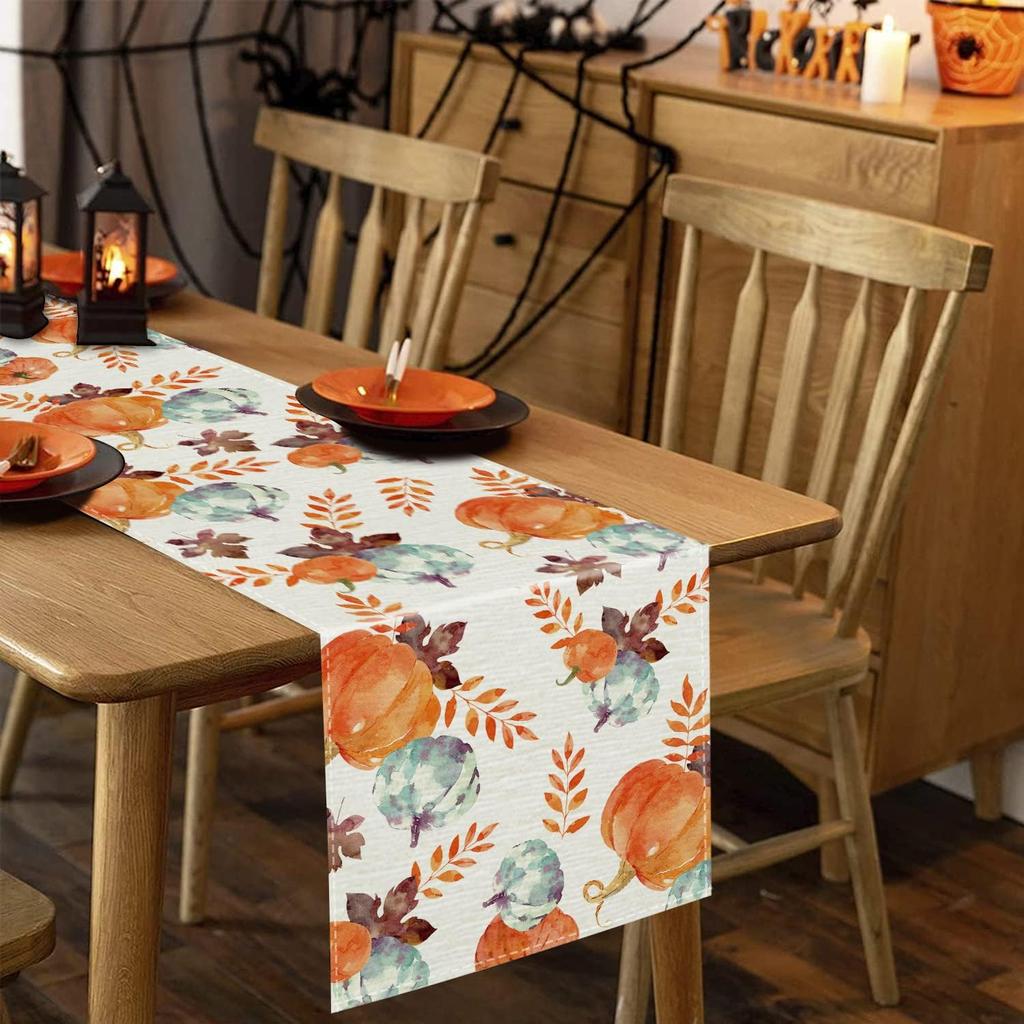 Fall Table Runner Watercolor Pumpkin Autumn Harvest Thanksgiving Table Runners Holiday Dining Room Kitchen Table Party Decoration 13 X 72 Inch