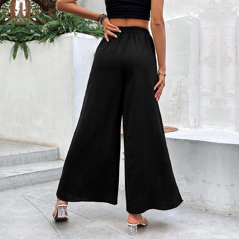 Women's Summer New Loose Simple Style High Waist Button Split Black Wide Leg Trousers