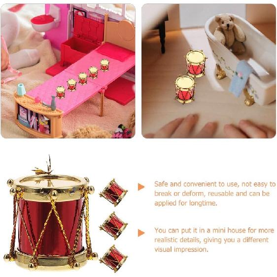 HOMSFOU 4Pcs Miniature Drum Set Dollhouse Musical Instrument Decor - Red Mini Drum Model for Dollhouse Layout, Photography, and Collectible Display