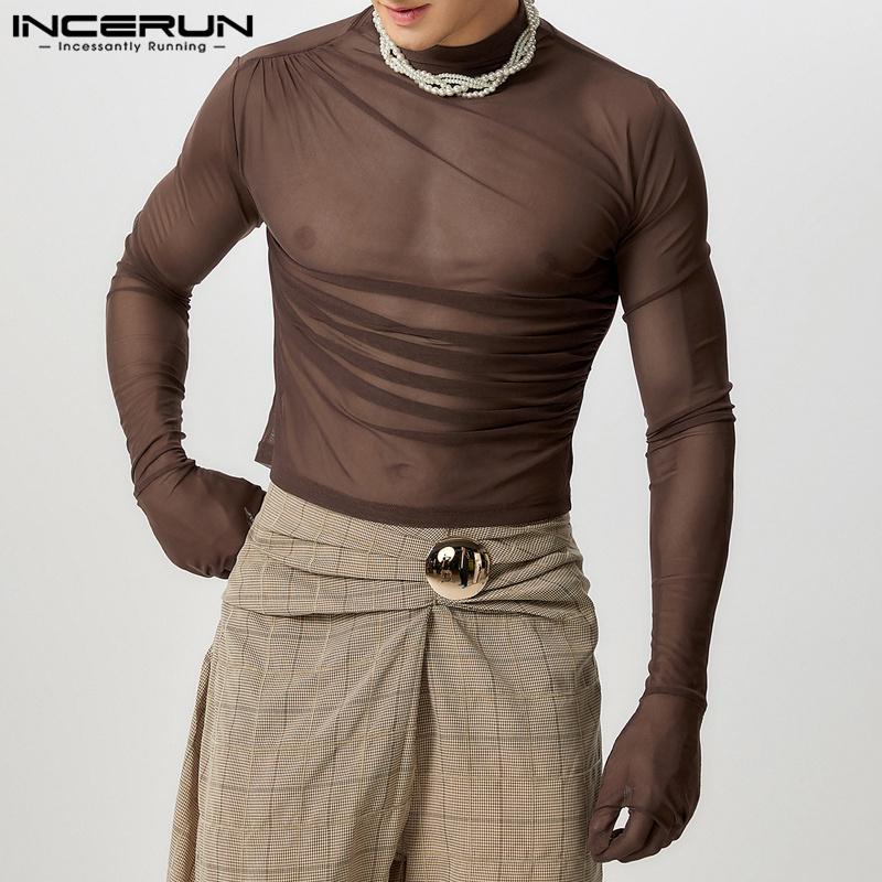 INCERUN Men Long Gloves Sleeve See Through Tops Club Party Mesh Skinny T-Shirts