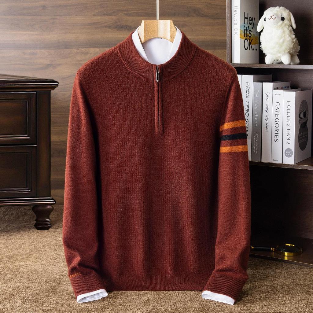 Men's Plus Size Trendy Half-Zip Wool Sweater: Autumn/Winter Fleece Pullover, Warm Casual Knit.