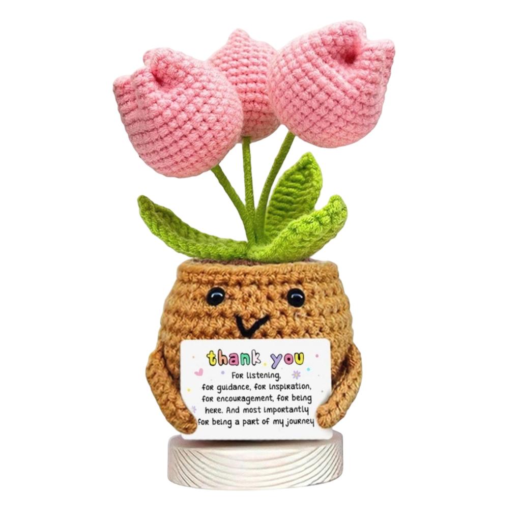Handmade Knitted Tulip Flower Pot with Positive Message Card Crochet Decorative Plant Gift for Home Office Desk Display
