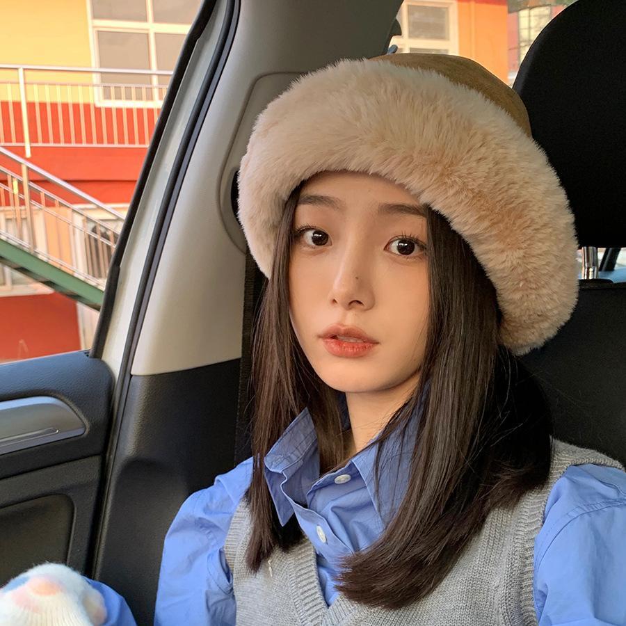 Hairy Hat Women's Winter Hemming Bucket Hat Warm Ear Protector Piled Thickened Big Head Circumference Suede Basin Hat