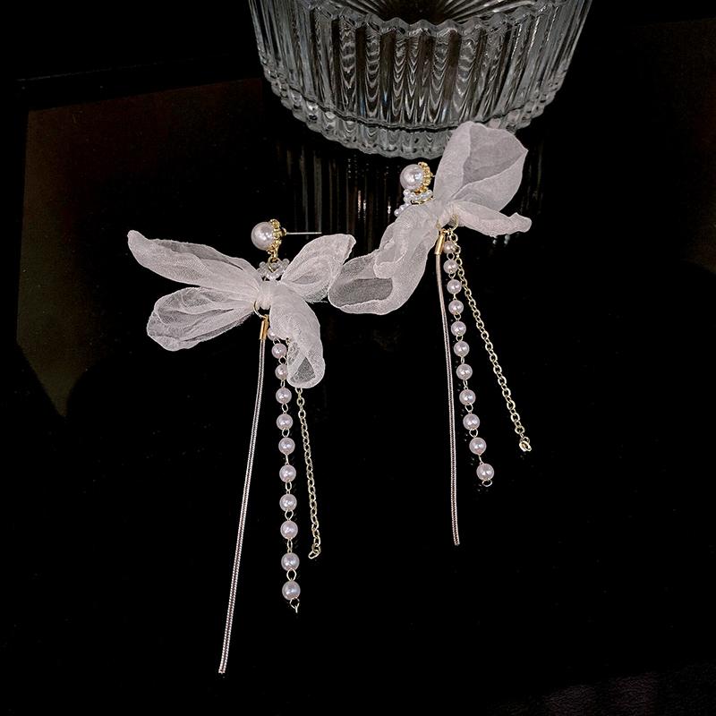 Women 'S Summer Lace Bow Pearl Tassel Earrings Fashion Simple Women Jewelry Exquisite Trend Fashion Stud Earrings