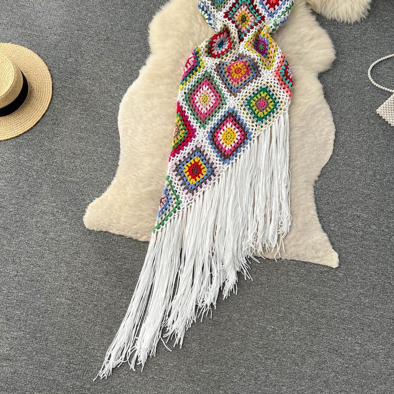 Böhmisches Ethno Häkelkleid mit Quasten und Spaghettiträgern für Damen