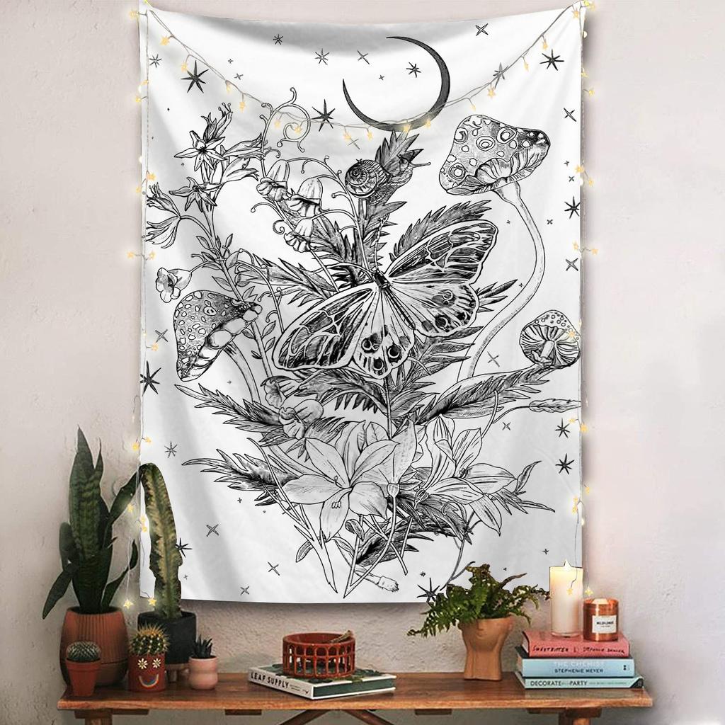 Garden tapestry moon phase tapestry flowers vines black background cloth home decoration wall carpet hanging cloth