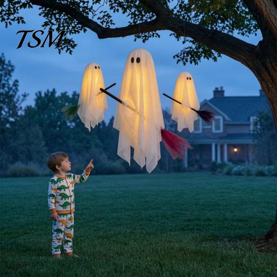 Hanging Ceiling Party Accents 3 Pcs Halloween Ghost Decorations, Spooky with Broom, Lighted Yard Ornaments Large Flying White for Tree Porch