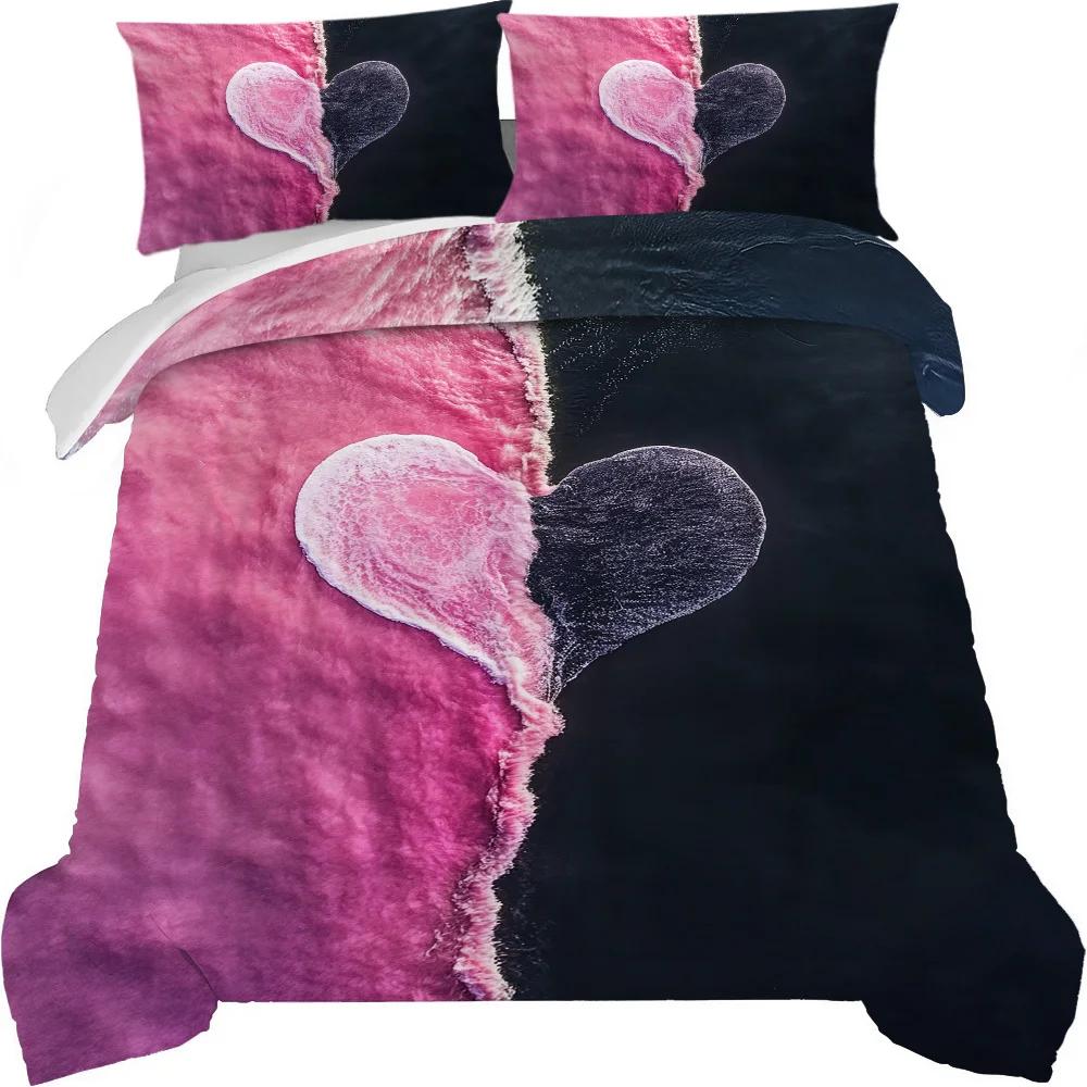 3-częściowy Nowoczesny Zestaw Pościeli z Nadrukiem Serca na Walentynki - Miękka Poliestrowa Poszwa na Kołdrę i Poszewki na Poduszki, Można Prać w Pralkce, na Łóżko Domowe