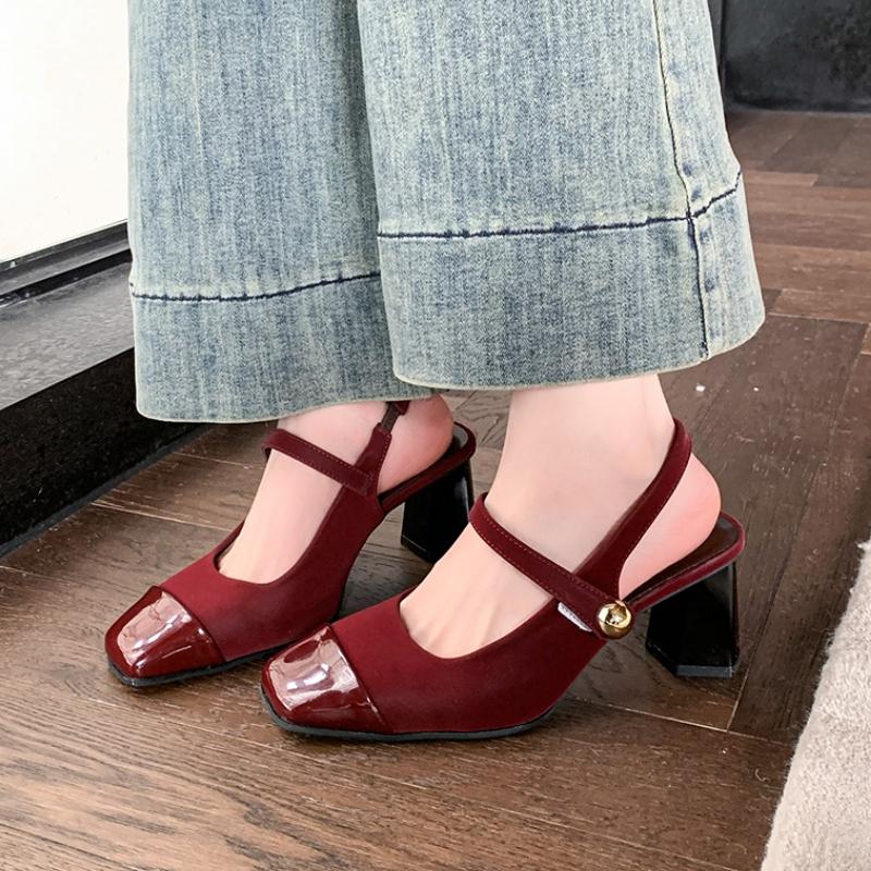 Summer Genuine Leather Toe Block Heel Mary Jane Shoes Women's High Heels Fashion Women's Shoes Comfortable and Elegant Sandals