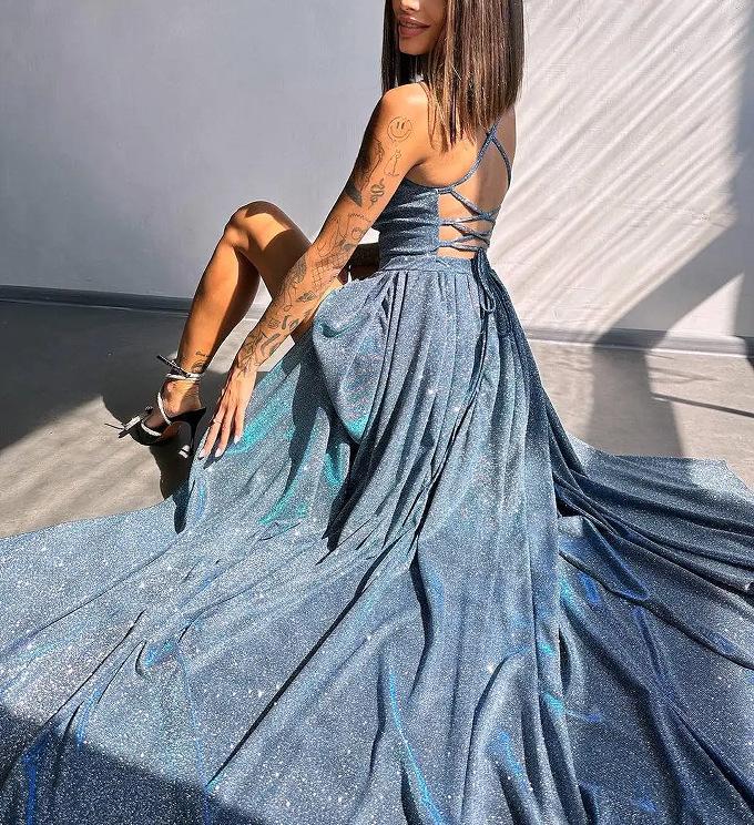 European and American New Women's Suspender Backless Sexy Flash Deep V Party Banquet Evening Dress Dress