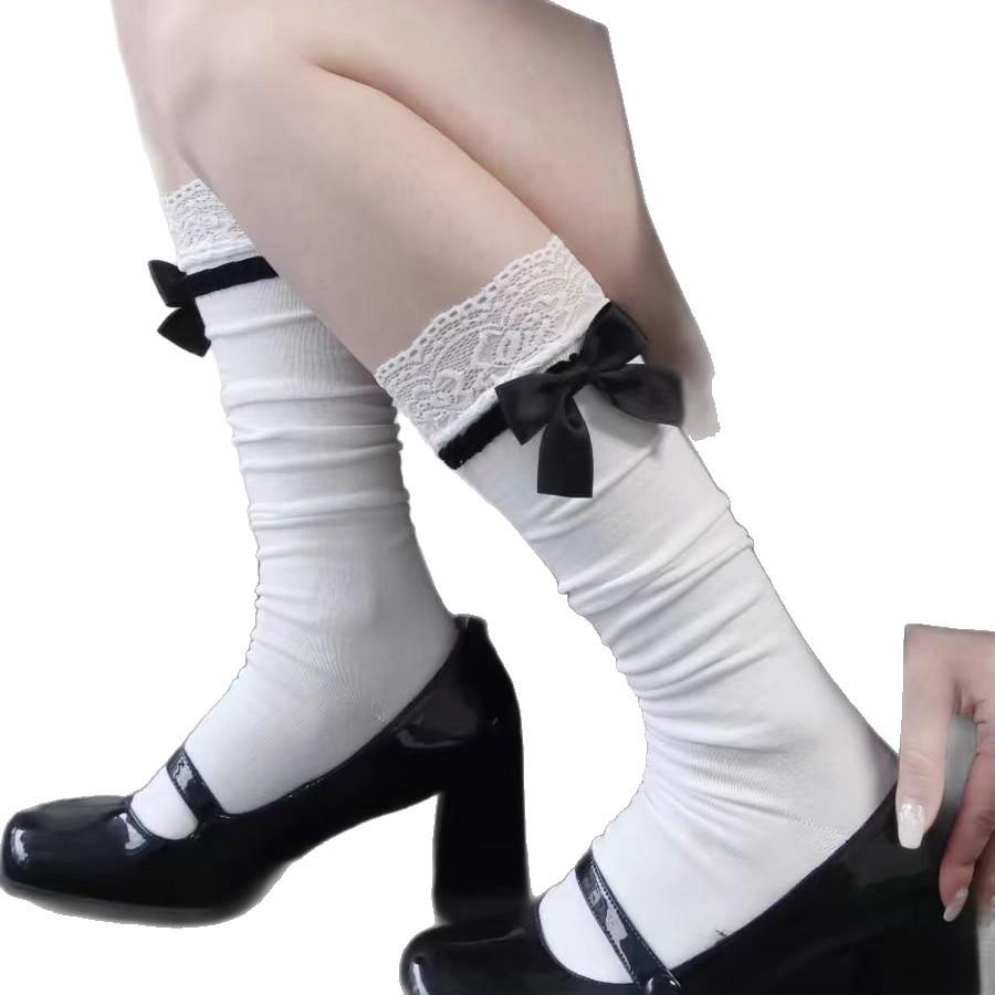 Sweet Lolita Bow White Mid Tube Socks Japanese Lace Lace Jk Calf Socks