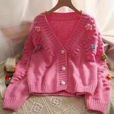 Sweater Women 2022 Autumn and Winter New Soft Waxy Sweet Loose Three-dimensional Decorative Small Flower Knitted Cardigan Women