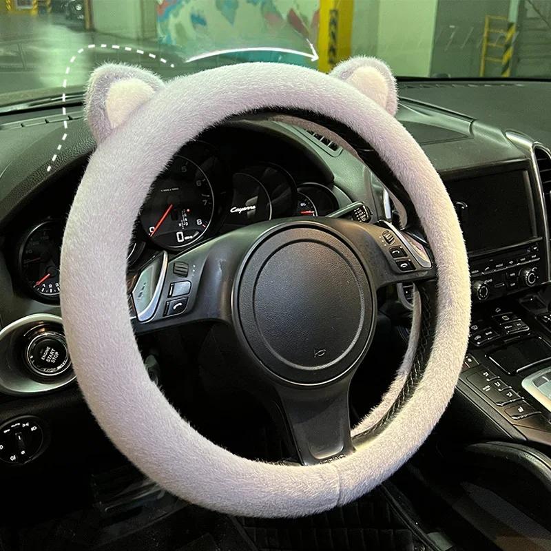 Car Plush Steering Wheel Cover Cartoon Cat Ears Square Handlebar Cover Goddess Winter Warm 38cm Universal Type