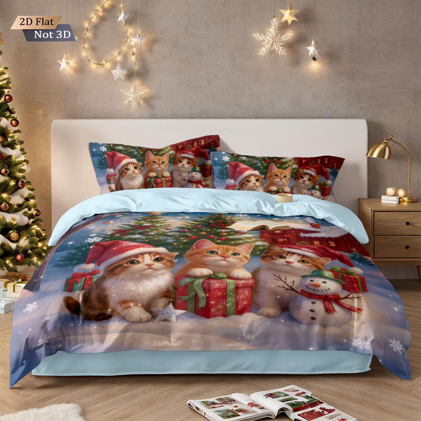 

3pcs Merry Christmas Kitten Print Coreless Bedding Set Multiple Sizes Comfortable Bedrooms Bedding Decoration Machine Washable 135x200cm-EU-Single&set