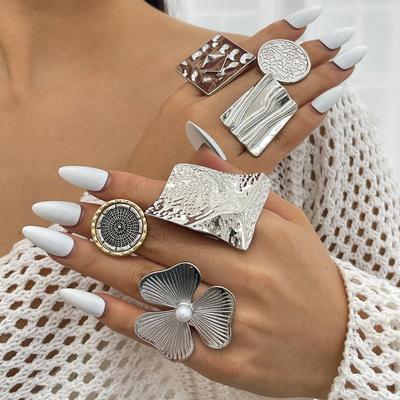 Anéis Articulados de Flor Plissados Geométricos Vintage Cor Ouro Prata Irregular Pérola Imitada Anel Falange Vazado Bijuteria da Moda para Mulheres Homens