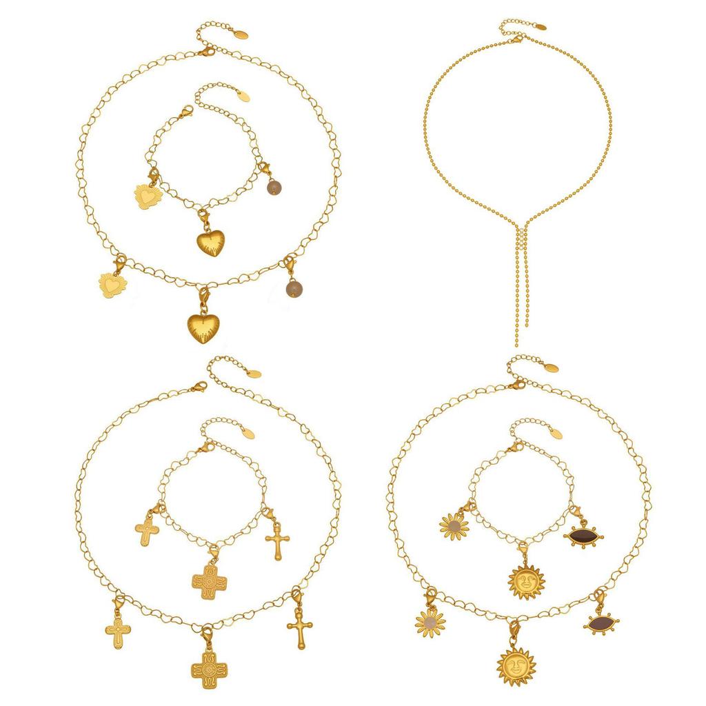 Geometric Heart Zirconia Necklace & Sun Enamel Pendant Bracelet Set for Women
