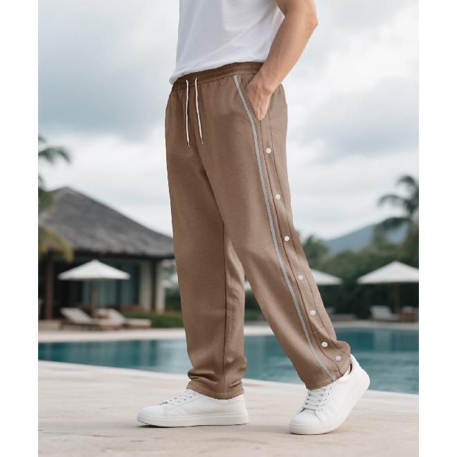 Men's New Elastic Waist Loose Casual Sports Straight Pants with Side Buttons