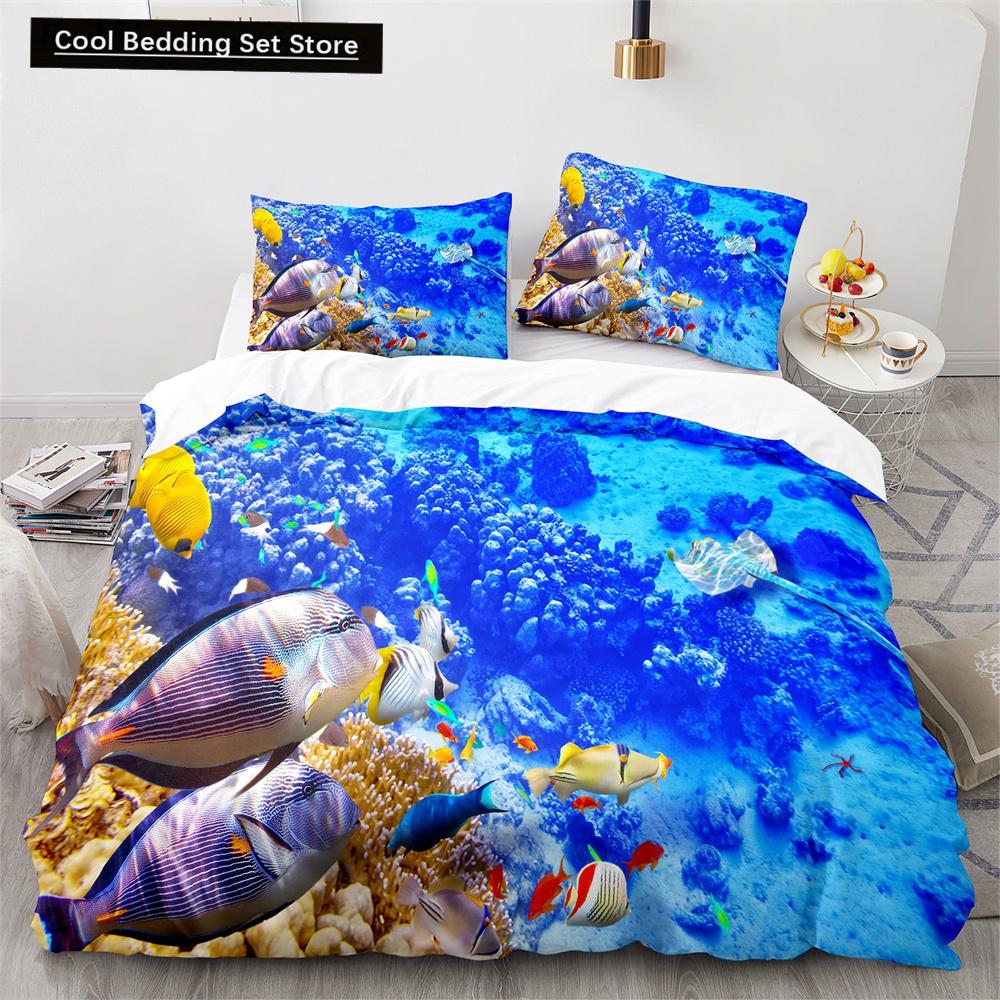 

Comforter Underwater World King Queen Blue Ocean Shark Bedding Set For Kids Sea Animal Coral Fish 2/3Pcs Polyester Comforter (quilt)-EU Single(135*200cm)3pcs