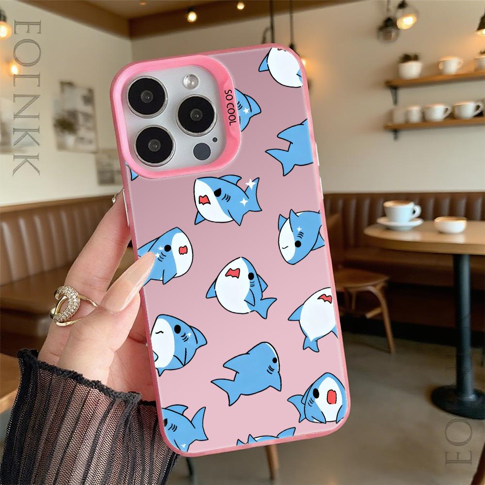 Cute Blue Cartoon Sharks Pattern Shockproof Phone Case for Iphone 16 15 14 13 12 11 Pro Max/Mini Anti-Scratch Premium Hard Cover