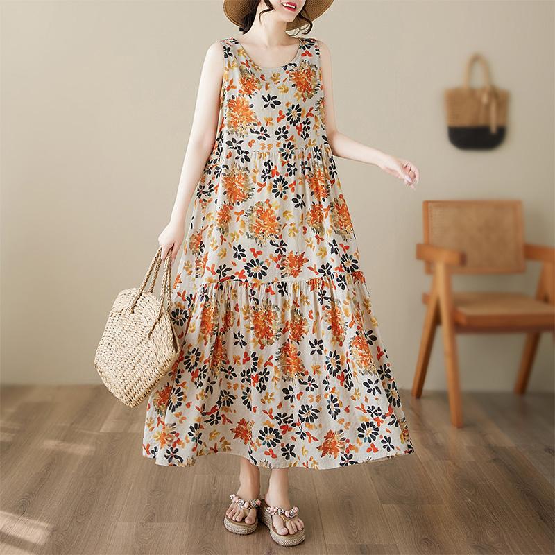 DIMANAF Plus Size Dress Summer Women Vintage Linen Elegant Style Sleeveless Floral Loose New Long Dress 8023