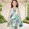 Girls Round Neck Sleeveless Tropical Leaf Printed A Line Flared Dress