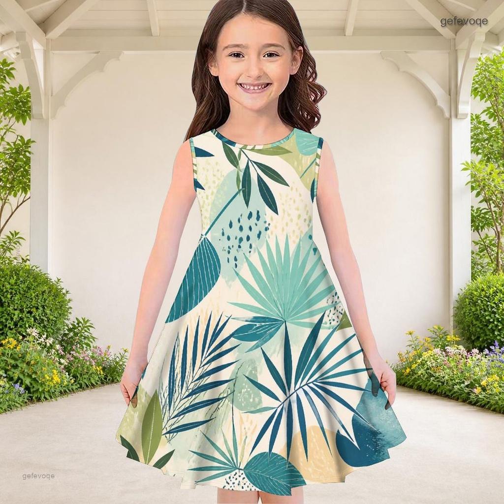 Girls Round Neck Sleeveless Tropical Leaf Printed A Line Flared Dress