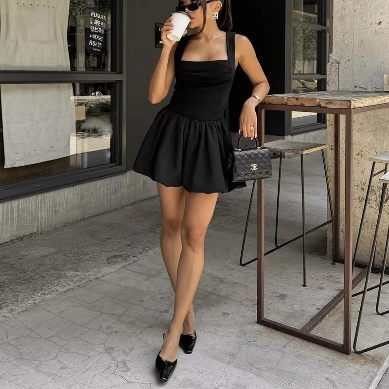 Fall and Winter New Women's Clothing French Style Design Sleeveless Square Collar A- Line Short Puffy Hem Sling Dress