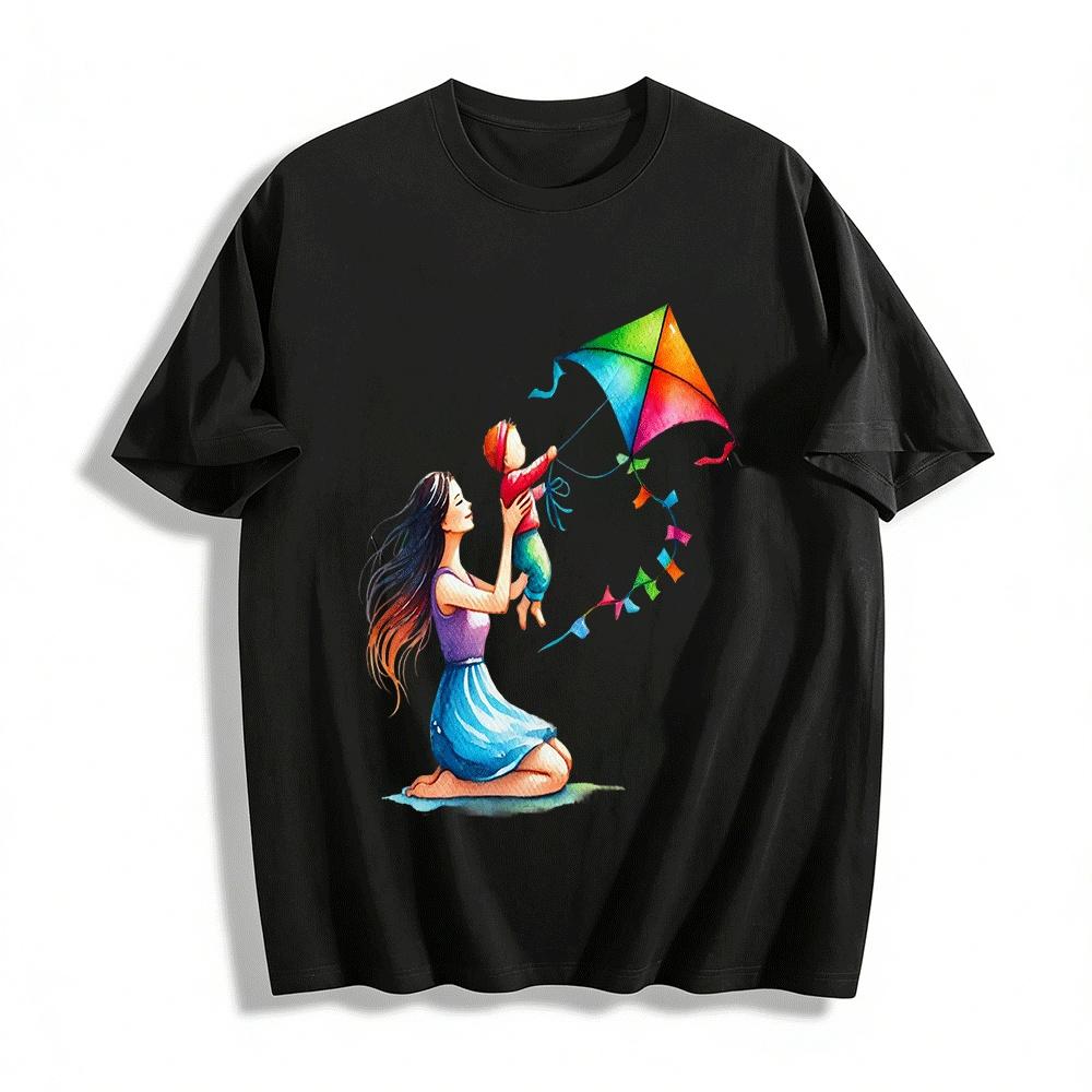 Watercolor Mother Baby Kite Flying Print Casual Top Pure cotton T-shirt XXS