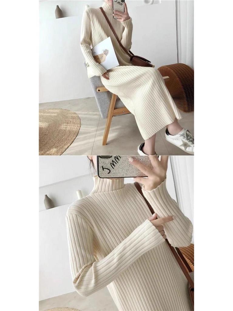 Women's Mid-Length Wool Knit Dress - Loose, Long Sleeve, Half-High Collar, Perfect for Layering Under Coats, Autumn & Winter Wear.