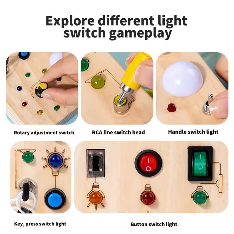 Montessori Busy Board Sensory Toys Wooden with LED Light Switch Control Board Travel Activities Children Games for 2-4 Years Old