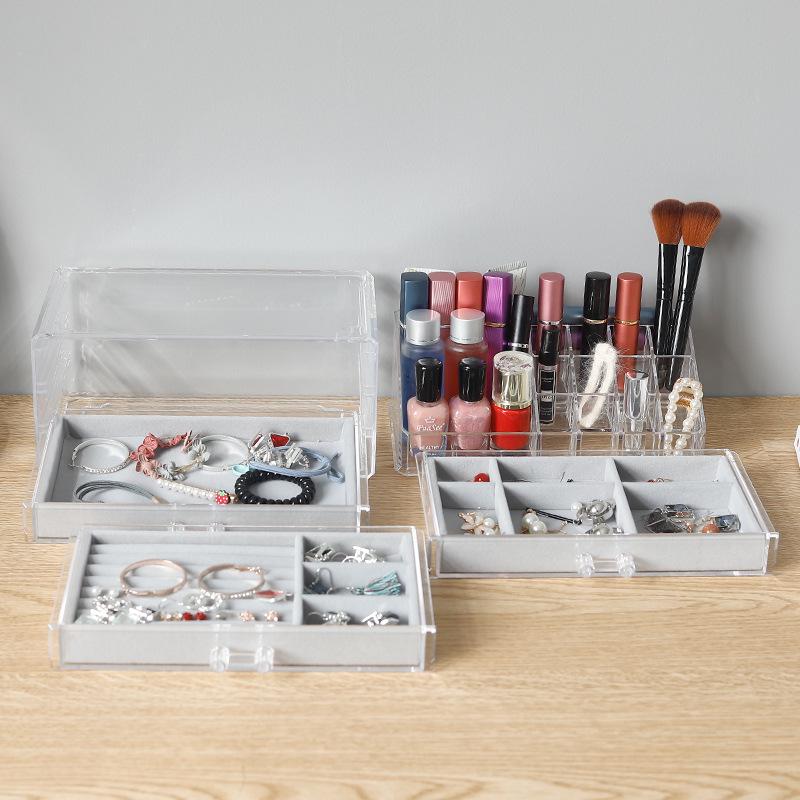 Three-Drawer Velvet Jewelry and Cosmetic Organizer with Necklace, Earring, and Ring Display