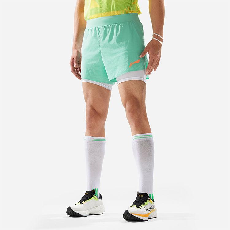 Li Ning Running Series Solid Color Logo Mid Waist Quick Dry Straight Leg Sports Shorts Men Shorts Mint-Green AKSU003-6