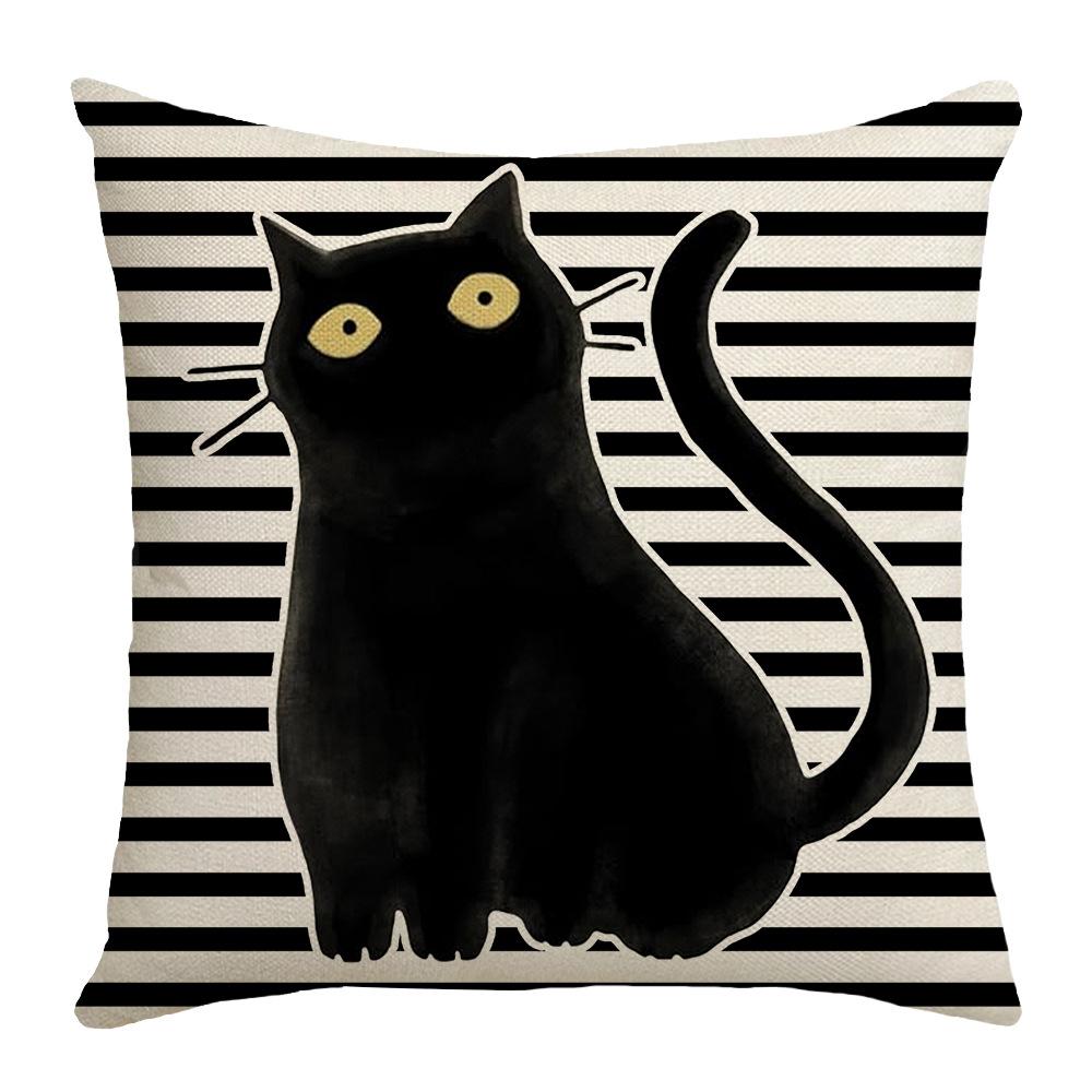 New Halloween Black Cat Striped Linen Pillow Cover Ghost Retro Elements Home Living Room Bedroom Sofa Decoration