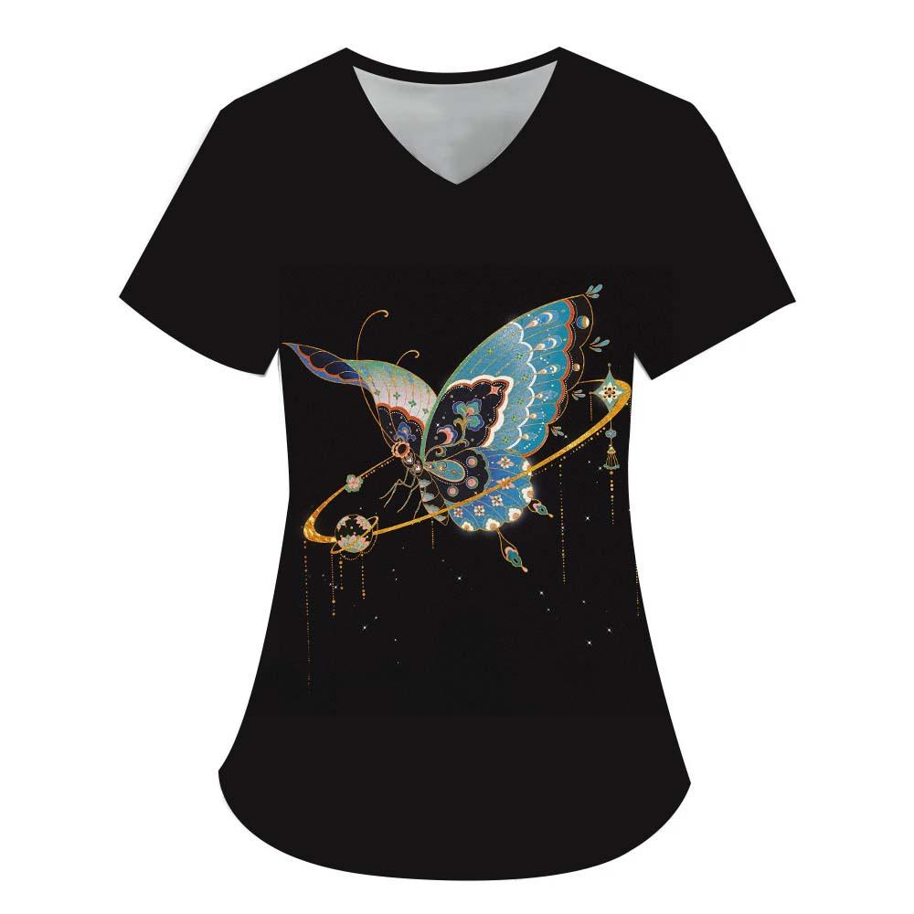 Damen T-Shirt V-Ausschnitt Krankenschwester Uniform Pendeln Schwarze Serie Schmetterlingsdruck Damen T-Shirt