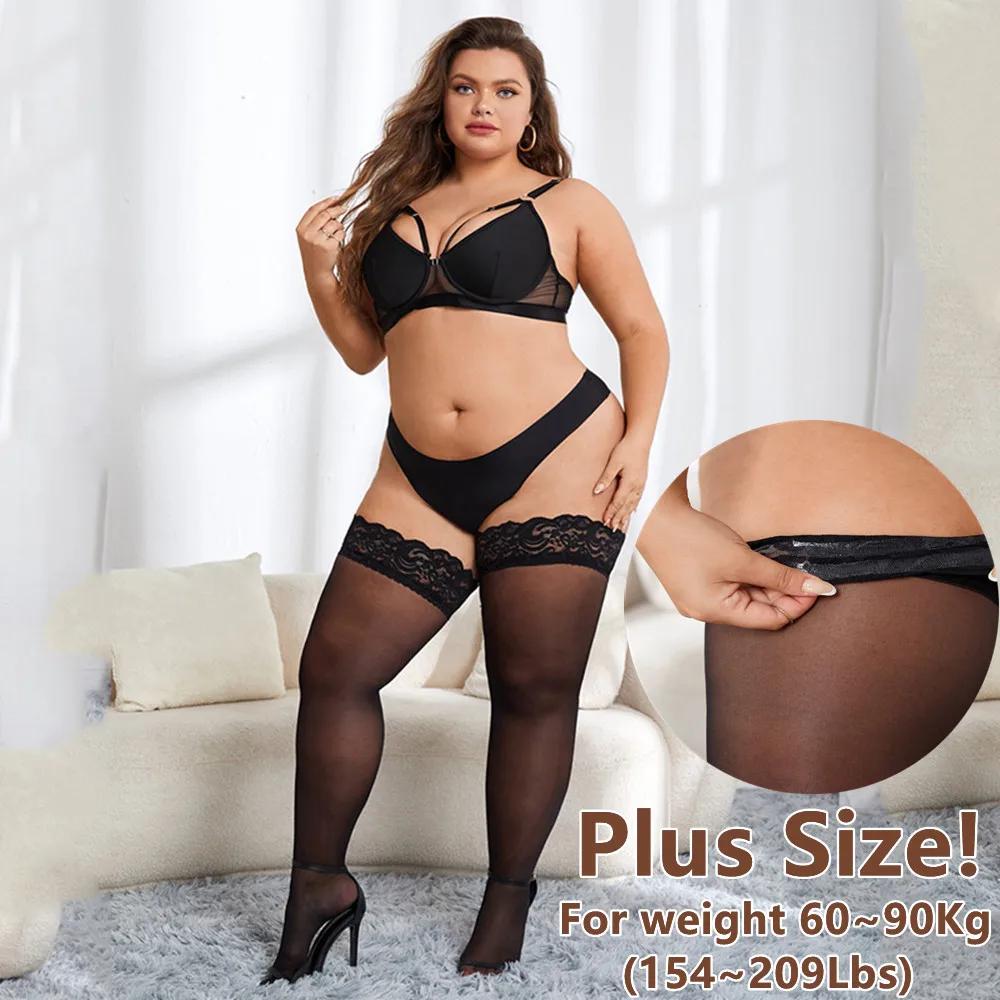 New Large Plus Size Thigh High Knee Light Lace Silk Long Socks Black Thin Stockings For Women Club Office Wear Xxxxl Summer