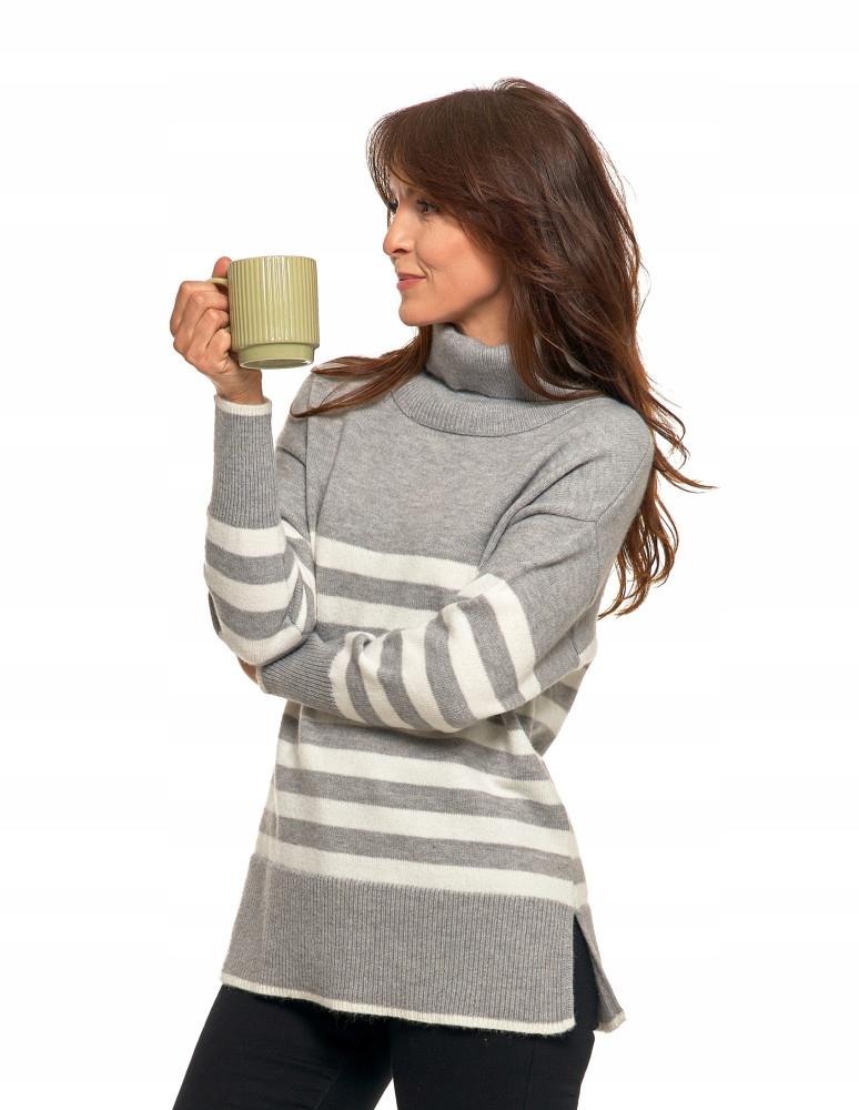 Women's Classic Long Sleeve Striped Turtleneck Sweater MORAJ L Gray