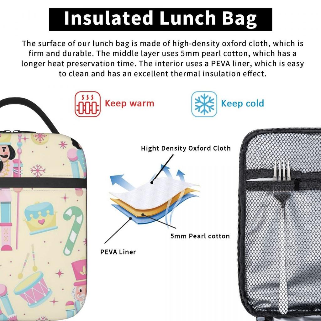 Nutcracker Ballet Christmas Theme Pattern Insulated Lunch Bag for Women Children Leakproof Food Boxes Thermal Lunch Box Tote