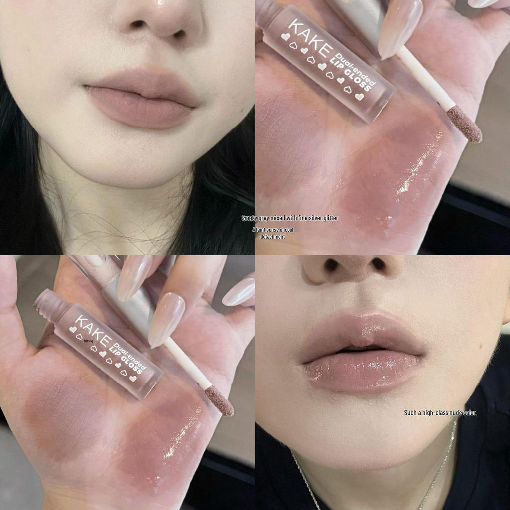 KAKE Double-Ended Lip Gloss: Matte Lip Mud, Watery Lip Glaze, Low Saturation Nude for Students.