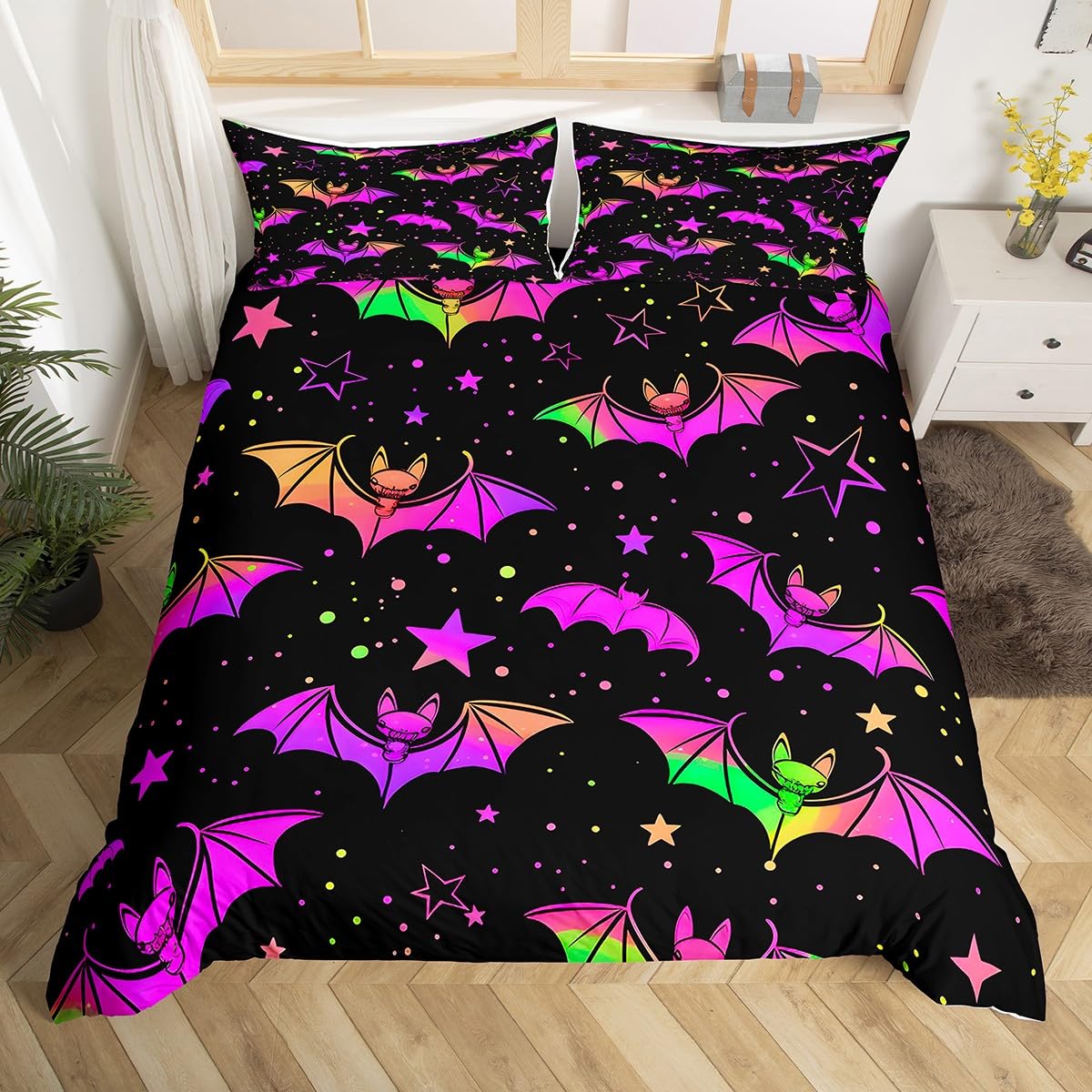 

Bat Duvet Cover Set for Teens Queen Twin Size Lightweight Down Quilt Covers Room Decor 2 Pillowcases 1 Duvet Cover No Comforter (135x200cm)