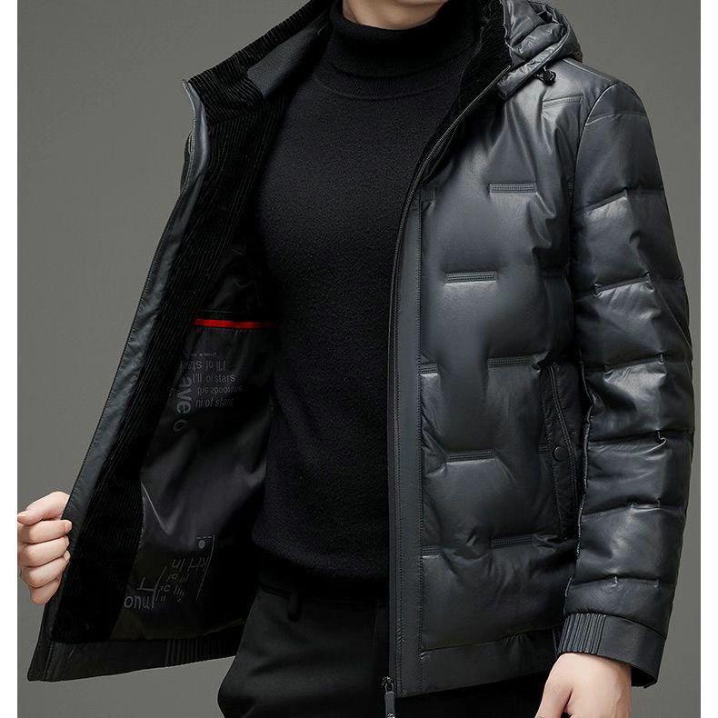 2025 Winter Men's Shiny Leather Hooded Down Jacket - Casual, Warm, Pure Color Outerwear