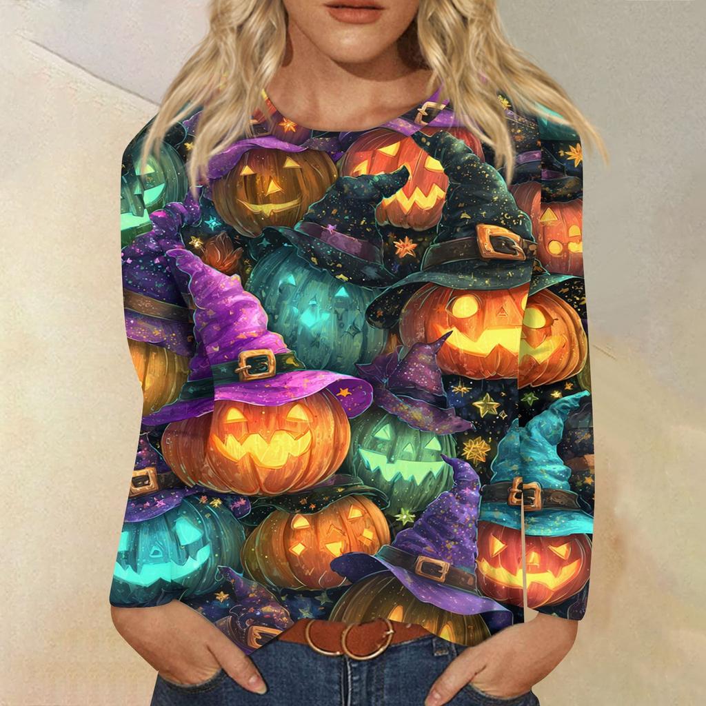 Dames casual top met lange mouwen en Halloweenprint, ronde hals