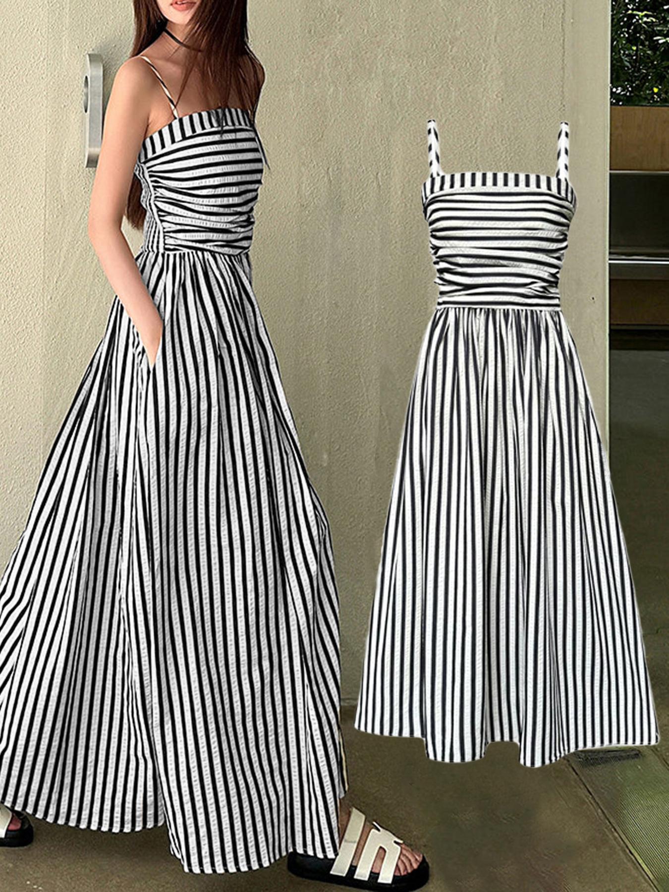 

European and American summer new striped suspender dress femininity waist open shoulder tube top dress S чёрный