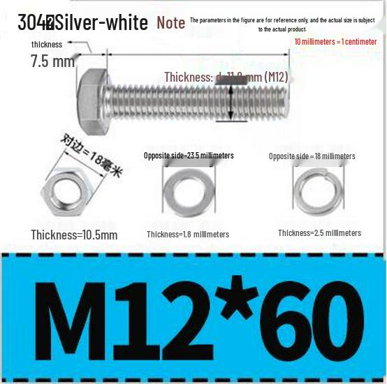 304 Stainless Steel Hex Head Bolt and Nut Set M6-M14, Lengths 8-100mm