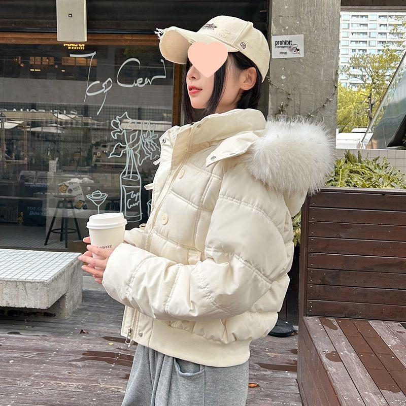 Women s Retro Dark Blue Hooded Fur Collar Cotton Puffer Jacket - Winter Thickened Short Coat M 45-50kg