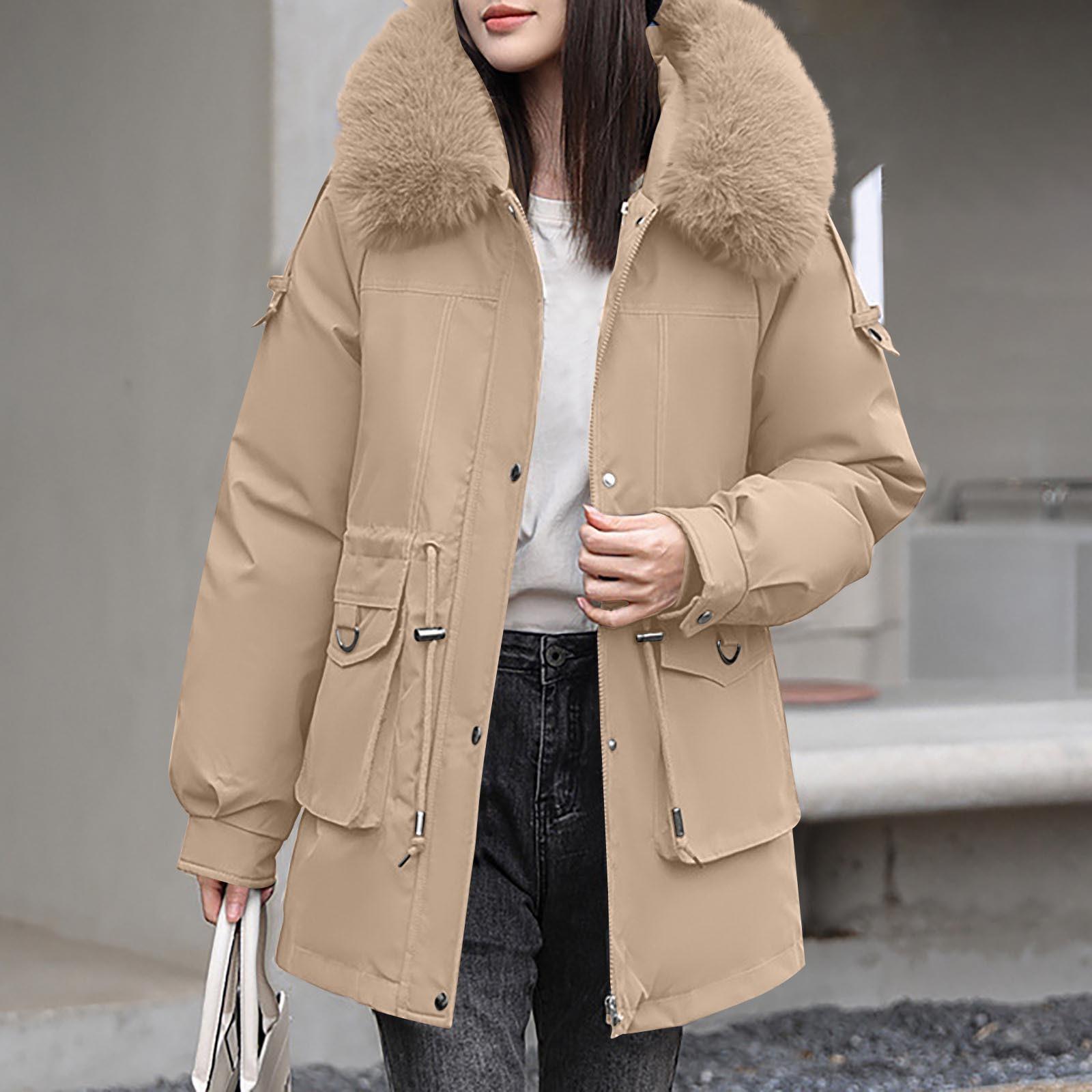 

Женская модная повседневная однотонная хлопковая куртка с капюшоном и плюшевой застежкой-молнией и пуговицами средней длины с длинными рукавами