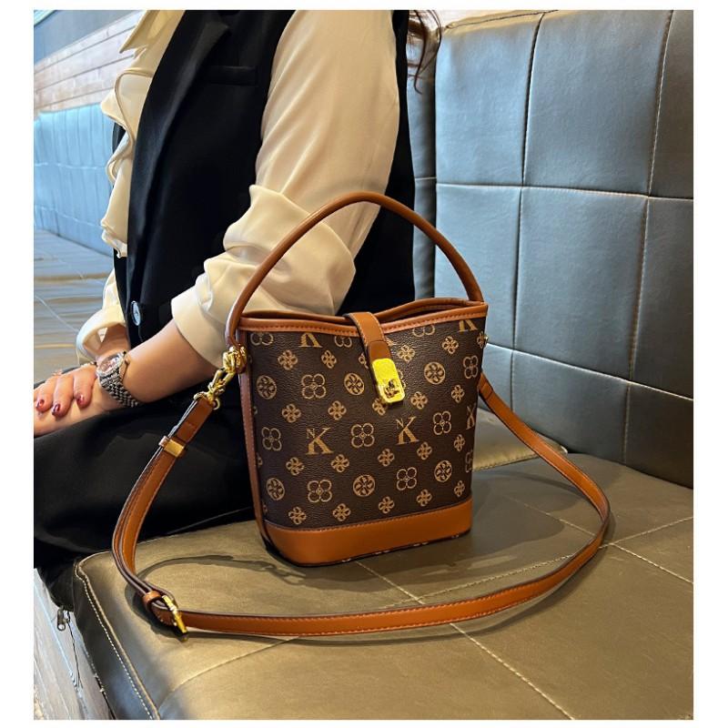 Womens Large Capacity Bucket Bag PU Leather Shoulder Crossbody Handbag Coffee Color Casual Style