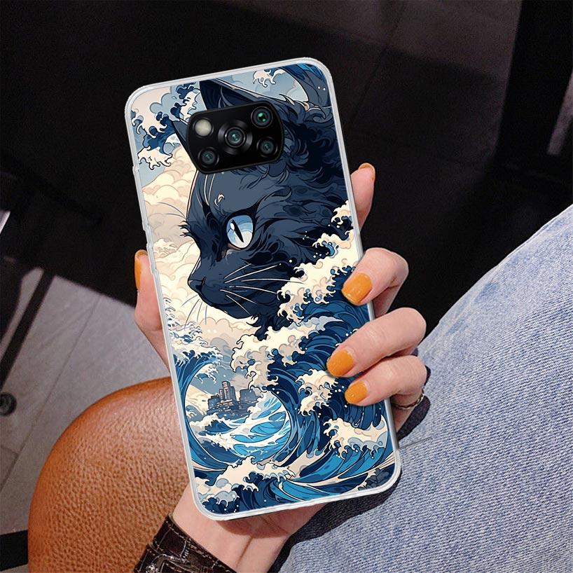 Anime Cat Sea Wave Aesthetic Phnoe Case for Xiaomi Poco X5 X6 X7 Pro X4 Gt F7 Ultra M8 M7 Redmi 15C 15 13C 13 12C 12 Unique Cove